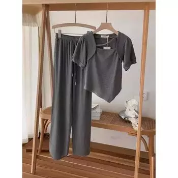 Стильный повседневный женский летний комплект из 2 предметов с короткими рукавами и удобным дизайном Nichebell XXL чёрный