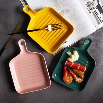 Стильный противень для выпечки в японском стиле, домашняя керамическая тарелка для стейков, креативная скандинавская посуда Ins с ручкой, тарелка для духовки розовый