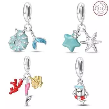 Стильный самодельный кулон из стерлингового серебра 925 пробы с морской звездой и акулой, сделай сам, ювелирные аксессуары, браслет