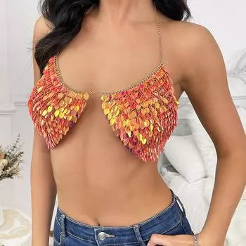 Стильный сексуальный пляжный бикини-бюстгальтер с цепочкой ручной работы на шее one size fits all оранжевый