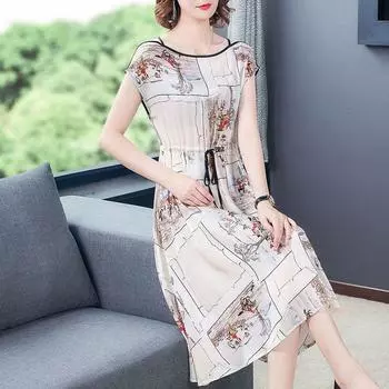 Стильный шелковый акцент: Модное шелковое платье свободного покроя для женщин, длинный и удобный шелковый наряд для мам длиной до колена M