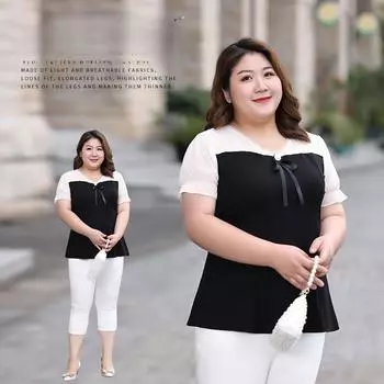 Стильный шифоновый топ большого размера с бантом на V-образном вырезе для женщин летом — модный, универсальный и стройнящий 2XL чёрный