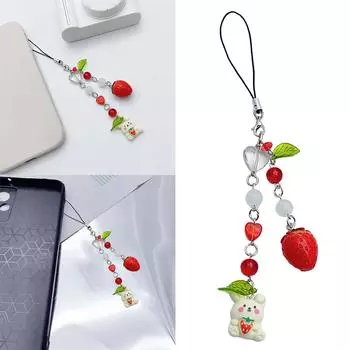 Стильный шнурок для телефона в виде клубничного кролика, модный брелок из бисера и сплава, подвеска для мобильных телефонов и кошельков