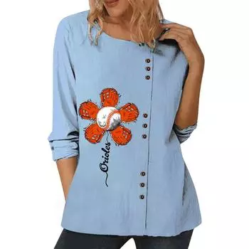 Стильный синий женский топ с несколькими популярными узорами, круглым вырезом и длинными рукавами S