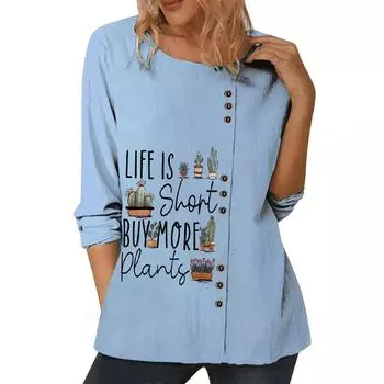 Стильный синий женский топ с несколькими популярными узорами, круглым вырезом и длинными рукавами S