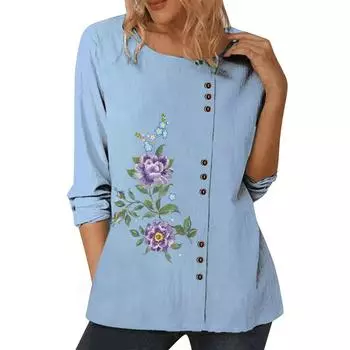 Стильный синий женский топ с несколькими популярными узорами, круглым вырезом и длинными рукавами S