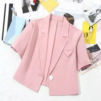 Стильный светло-розовый женский пиджак с короткими рукавами и свободным кроем в модном однотонном цвете S розовый