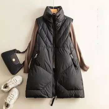 Стильный свободный жилет без рукавов из хлопка-пуховика для мам среднего возраста на осень-зиму с воротником-стойкой M чёрный
