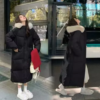 Стильный утолщенный пуховик свободного кроя с большим меховым воротником для женщин средней длины S розовый