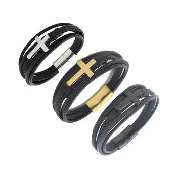 Стильный винтажный мужской браслет из нержавеющей стали с крестом и кожаными украшениями 19cm