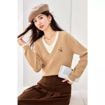 Стильный вязаный свитер с V-образным вырезом и дизайном «два в одном» для женщин, подойдет для осени и весны S хаки