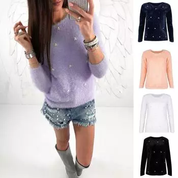 Стильный женский бархатный свитер с длинным рукавом, инкрустированный бисером, зимний теплый свободный пуловер, женский повседневный джемпер, топы S чёрный