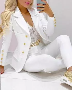 Стильный женский белый блейзер из натуральной кожи ягненка на пуговицах, приталенного кроя S