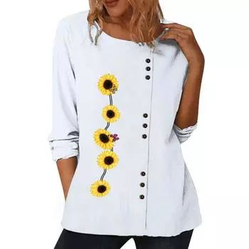 Стильный женский белый хлопковый топ с длинными рукавами, шестью привлекательными цветочными узорами и пуговицами S