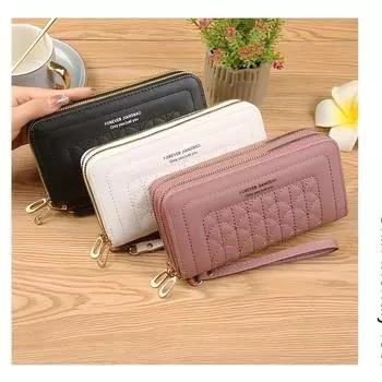 Стильный женский длинный кошелек с двойной молнией, клатч - большая вместимость, ремешок на запястье, женский повседневный кошелек | Стеганая текстура | Золотистая фурнитура чёрный