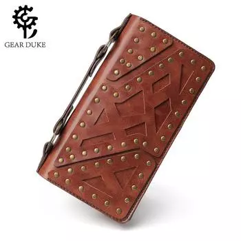 Стильный женский длинный кошелек в стиле панк с двойной молнией, двумя слоями и сумкой-клатчем 2 fold, rivet, Geometric patterns, Duke of Gear