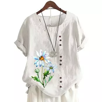 Стильный женский хлопковый топ с короткими рукавами и круглым вырезом с 11 цветочными принтами S белый