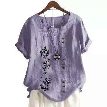 Стильный женский хлопковый топ с короткими рукавами и круглым вырезом с 11 цветочными принтами S кофейный