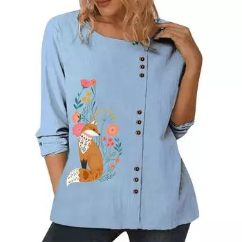 Стильный женский хлопковый топ с различными принтами, круглым вырезом и длинными рукавами S