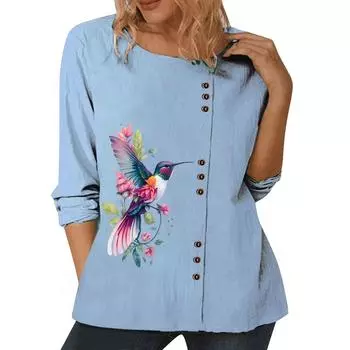 Стильный женский хлопковый топ с различными принтами, круглым вырезом и длинными рукавами S