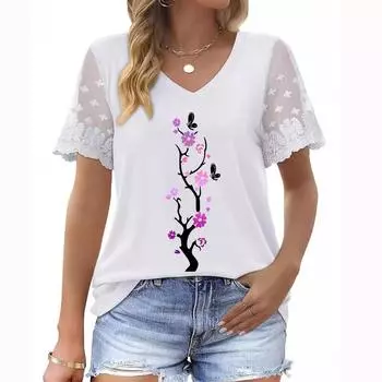 Стильный женский летний топ больших размеров: Футболка с коротким рукавом, V-образным вырезом, цветочным принтом и кружевными рукавами S