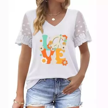 Стильный женский летний топ больших размеров: Футболка с коротким рукавом, V-образным вырезом, цветочным принтом и кружевными рукавами S