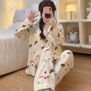 Стильный женский пижамный комплект с принтом собаки, осенне-зимняя женская пижама, милая повседневная ночная рубашка M