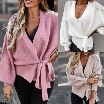 Стильный женский свитер, пальто, эластичный нерегулярный искусственный жемчуг 2XL бежевый