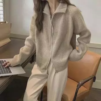 Стильный женский вязаный кардиган: Шикарный толстый свитер на молнии с отворотом на весну и осень 2024 г. S хаки