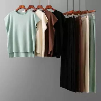 Стильный женский жилет без рукавов, свитер и широкие брюки, костюм из ледяного шелка, летний однотонный повседневный наряд XL