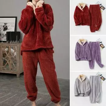 Стильный зимний пижамный комплект, свободная шапка, термобелье M фиолетовый