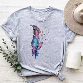 Стиль перьев, милая трендовая футболка, модная футболка, одежда, 90-е годы, повседневная женская футболка с коротким рукавом с принтом, женская футболка с графикой S