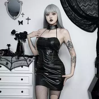 Стиль персонализированный тонкий крест-бретелька Dark Clash Witch бархатные платья-холтер женские короткие платья на бедрах Spice Girl тонкая красная клетчатая полуюбка Diablo женская S чёрный