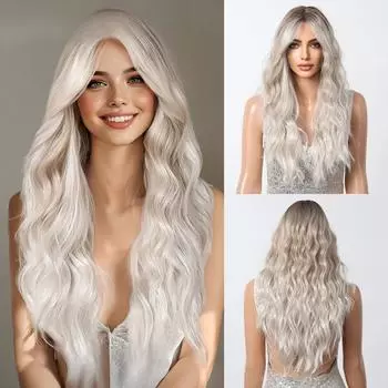 Стиль Постепенное изменение Платиновая челка из восьми символов Подстриженное лицо Длинные вьющиеся волосы Натуральный ленивый модный парик Полная прическа lc1113-1
