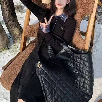 Стиль преппи клетчатые свитера весна осень поло воротник стильные пуговицы женская одежда повседневная тонкая пэчворк футболка с длинным рукавом S чёрный