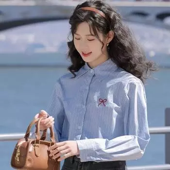 Стиль преппи полосатые рубашки на пуговицах вышитые длинные рукава блузка бант блузка женщины девушки S синий