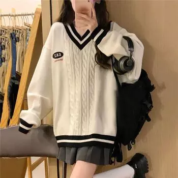 Стиль преппи V-образный вырез свободный повседневный женский пуловер контрастного цвета простой шикарный принт зимний вязаный женский пуловер вязаный топ свитер S белый