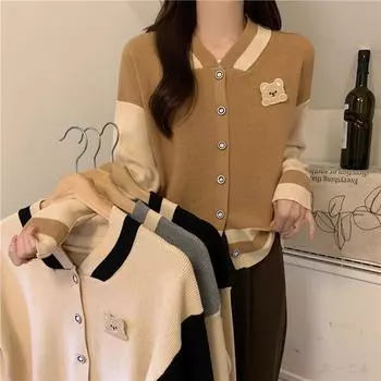 Стиль преппи Женские кардиганы Свитер с V-образным вырезом Весна Осень Вязаный кашемировый кардиган с рисунком Цветные блоки Однобортный женский свитер пальто one size чёрный