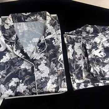 Стиль ретро черная панда принт женская пижама искусство классика элегантный белый цветок осень/зима новая пижама M чёрный