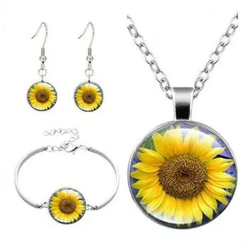 Стиль ретро, комплект ожерелья с подвеской из драгоценных камней «Подсолнух», модный браслет, комплект ювелирных изделий из сережек-гвоздиков. Набор из трех частей. жёлтый