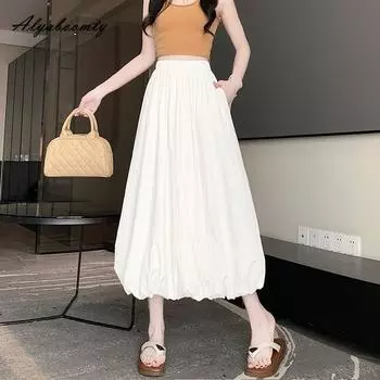 Стиль сафари, весна-лето, женская юбка-миди с высокой талией, черно-белые абрикосовые повседневные свободные юбки, женские с карманами One Size чёрный