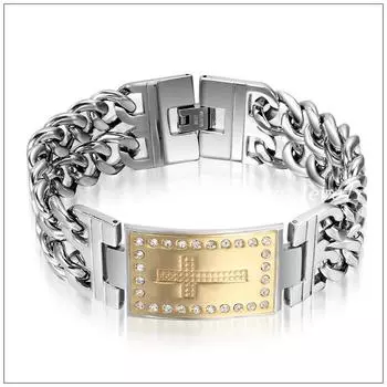 Стиль Серебряный Цвет Нержавеющая сталь Двухрядный кубинский панцирный браслет для мужчин и мальчиков Золотой крест с белым камнем 23CM