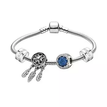 Стиль SS925 Серебряное сердце голубого океана Тема Духовный браслет с бусинами «Ловец снов» Прекрасные подарки для женщин с тканевой сумкой 17cm