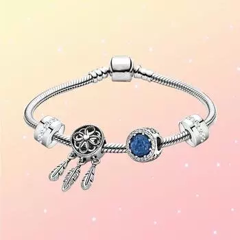 Стиль SS925 Серебряное сердце голубого океана Тема Духовный браслет с бусинами «Ловец снов» Прекрасные подарки для женщин с тканевой сумкой 17cm