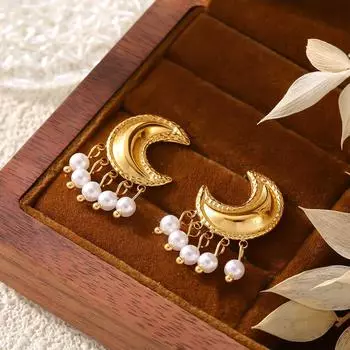 Стиль Темперамент Легкие Роскошные Лунные Кисточки Искусственные Серьги с Жемчугом, Нишевые Нерегулярные Геометрические Серьги Из Титана И Стали