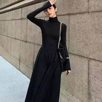 Стиль Темперамент Женское Высококачественное Черное Платье Стиль Хепберн Серое Платье Водолазка Для Женщин Осень И Зима XL чёрный