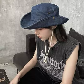 Стиль Tooling повседневная джинсовая шляпа для бассейна с большими карнизами, солнцезащитная шляпа для альпинизма, шляпа Spice girl с закрытыми глазами для рыбалки M56-58cm чёрный