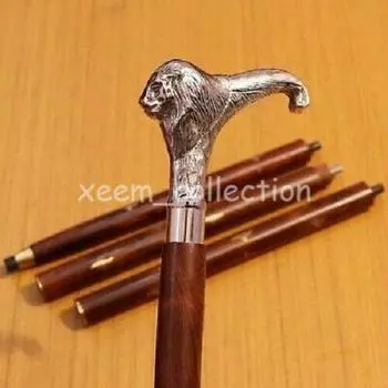 Стиль тросточки трости ручки льва серебряной отделки латунной головы винтажный деревянный