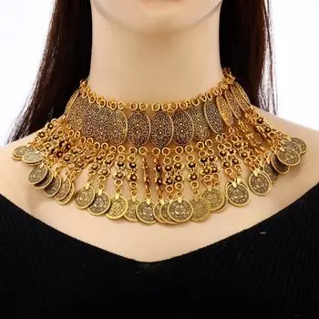 Стиль ювелирных изделий Европейский и американский популярный суд ретро преувеличенный сплав выгравированные монеты бахрома металлическое ожерелье женщины