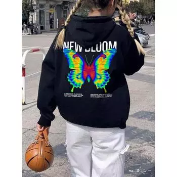 Стиль Y2K New Bloom Butterfly Graphic Женская Простая Флисовая Толстовка с капюшоном Осенняя уличная Толстовка с круглым вырезом Модная Одежда больших размеров S